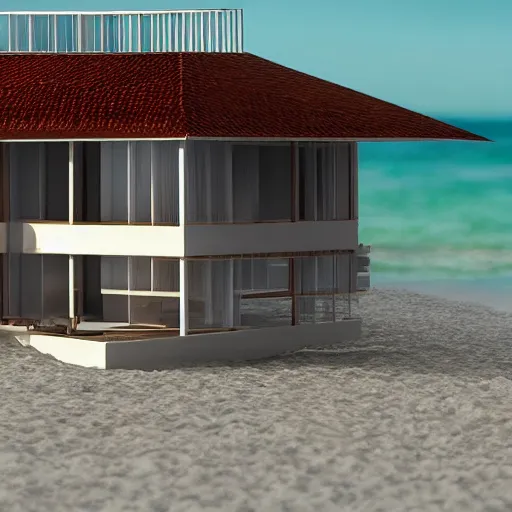 Prompt: “ a realistic model of a house floating on the beach of miami, 8 k render designed by norman foster ”
