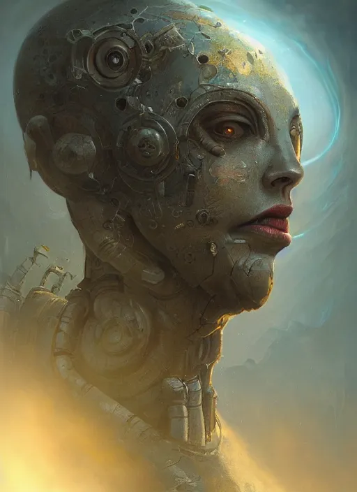 Prompt: Portrait of an Ancient Robot on a clearing, extremly detailed digital painting, in the style of Tomasz Alen Kopera and Fenghua Zhong and Peter Mohrbacher, mystical colors, rim light, beautiful lighting, 8k, stunning scene, raytracing, octane, trending on artstation