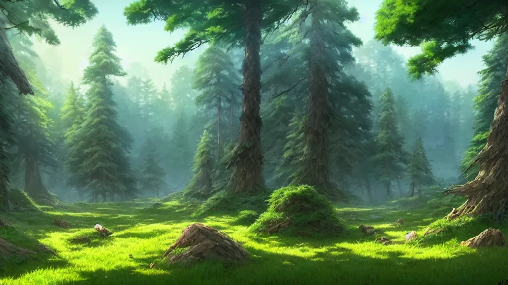 Image similar to forest clearing landscape, studio ghibli, pixar and disney animation, sharp, rendered in unreal engine 5, highly detailed, digital painting, artstation, concept art, smooth, sharp focus, illustration, wide angle, artbook, wallpaper, splash art, promo art, dramatic lighting, art by artgerm and greg rutkowski and bo chen and jin xiaodi