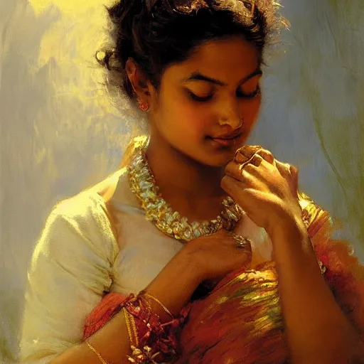 Prompt: detailed portrait of sri lankan girl, girl graceful, eyes closed, painting by gaston bussiere, craig mullins, j. c. leyendecker