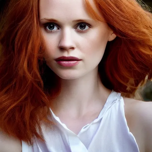 Prompt: hyper realistic, full perfect face, realistic, highly detailed background, photography beautiful girl, face tamzin merchant, red hair, style of hypermannerism
