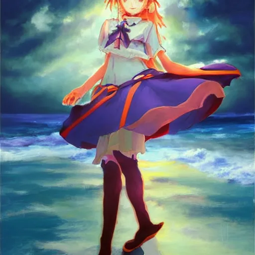 Prompt: Beautiful abstract portrait of Kirisame Marisa from the Touhou project at the beach at sunset, touhou project official artwork, danbooru, oil painting by Antoine Blanchard, sold at an auction, oil on canvas , wide strokes, pastel colors, soft lighting