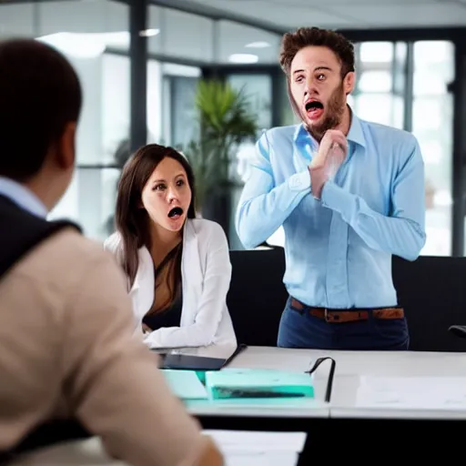 Prompt: a stock photo of shark-faced humans arguing in an office