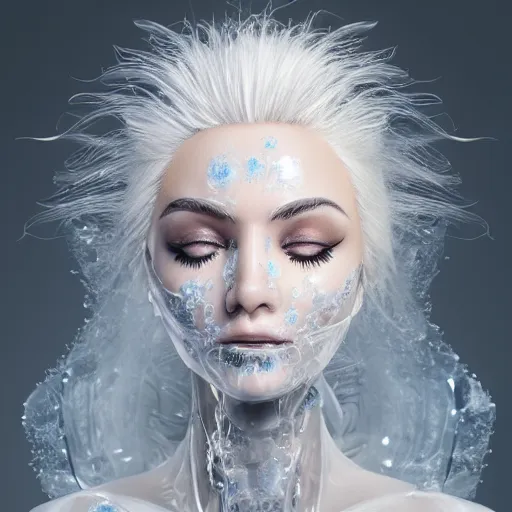 Prompt: female with no makeup, blonde eye lashes and brows, inside glass sarcophagus, frost roses on glass, complex hyperdetailed technical suit. white hair flowing, cryo sleep, pale blue tint, sci - fi, futuristic, ultra realistic, wide angle.