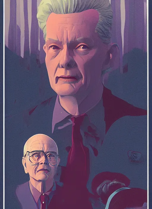 Prompt: Twin Peaks poster artwork by Michael Whelan and Tomer Hanuka, Karol Bak, Rendering of Leland smiles at himself in the mirror and his reflection is that of BOB, from scene from Twin Peaks, clean, full of details, by Makoto Shinkai and thomas kinkade, Matte painting, trending on artstation and unreal engine