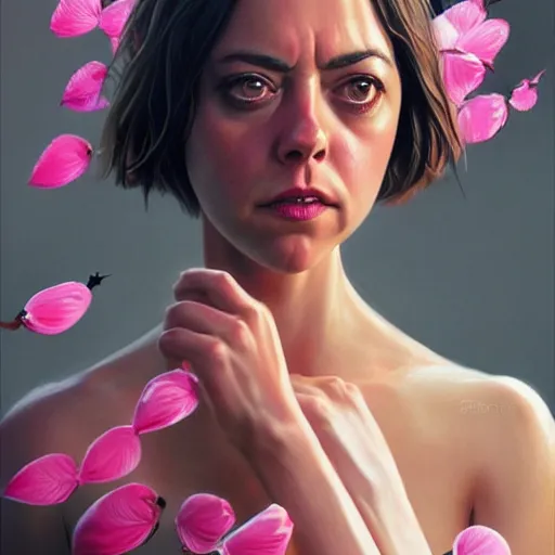 Image similar to pink petals with a a wonderful aubrey plaza and christina ricci serving chicken wings in hooters shirt, intricate, elegant, highly detailed, wonderful eyes, sweet, digital painting, artstation, concept art, smooth, sharp focus, illustration, art by artgerm and greg rutkowski and concept art