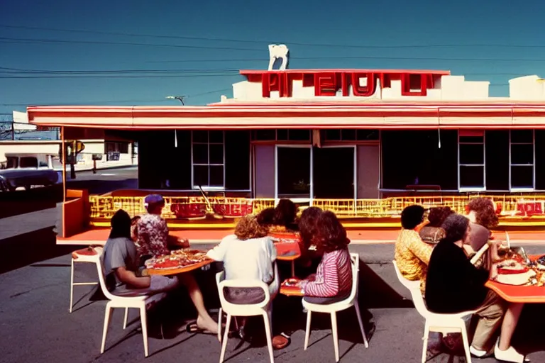 Image similar to 1 9 7 5 gumbo, people sitting at tables, googie architecture, two point perspective, americana, cooking photography, hd 4 k, taken by alex webb