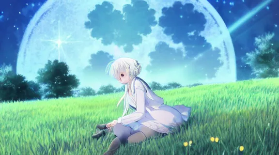 Prompt: white haired anime girl sitting in a field of Ghibli Clover | Big Moon at Blue Night | bioluminescent blue FLOWERS | strong blue rimlit | visual-key | anime illustration | highly detailed High resolution | Light Novel | Visual Novel | Gosick