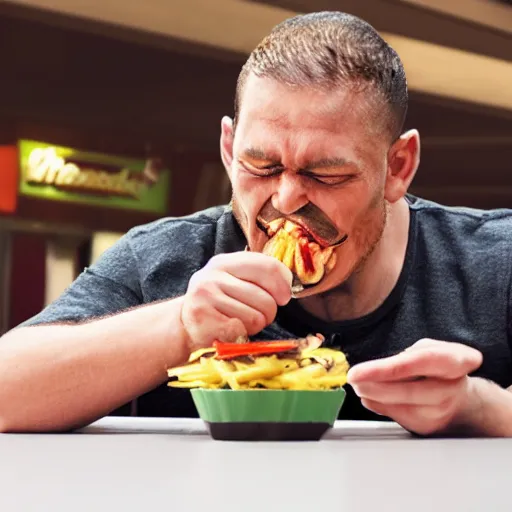 Image similar to realistic detailed sharp photo of a Neanderthal man eating a burger at McDonald's