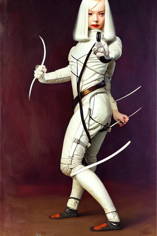 Prompt: pulp scifi fantasy illustration full body portrait android girl, fencer, white hair, in leather, by norman rockwell, roberto ferri, daniel gerhartz, edd cartier, jack kirby, howard v brown, ruan jia, tom lovell, frank r paul, jacob collins, dean cornwell, astounding stories, amazing, fantasy, other worlds