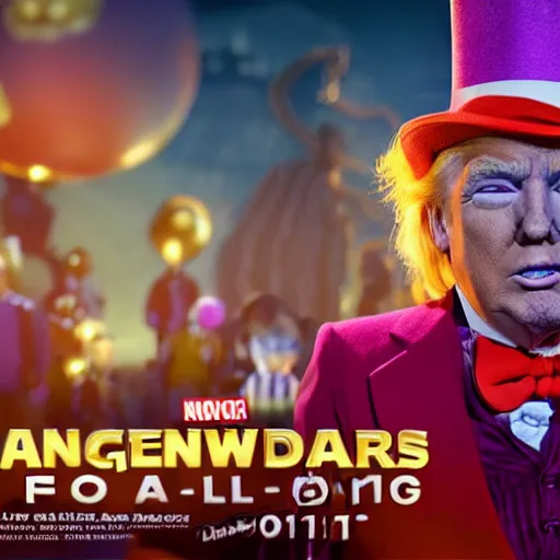 Image similar to donald trump as willy wonka in avengers movie, fantasy, splash art, avengers movie, movie still, detailed face, photorealistic facial features, cinematic lighting, dramatic, octane render, long lens, shallow depth of field, blockbuster, bokeh, hd, anamorphic lens flare, 8 k, hyper detailed, 3 5 mm film grain
