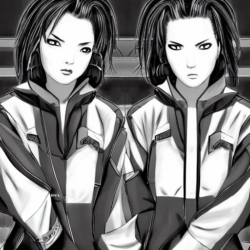 Image similar to beautiful twin sisters hacking into the mainframe of the pentagon, in the style of hiroya oku and riyoko ikeda, black and white, photorealistic, epic, super cool