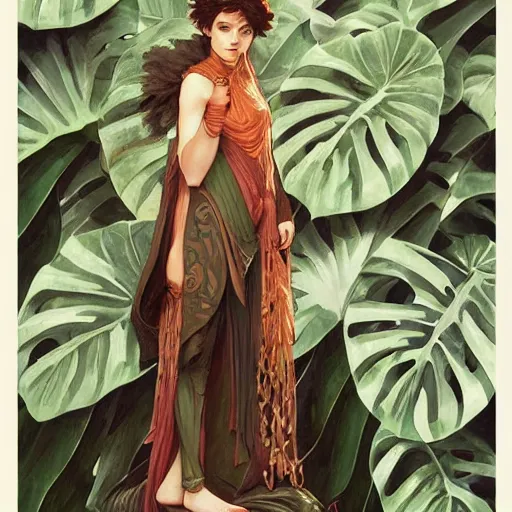 Prompt: a woman monstera druid with monstera leaf themed clothing, fully clothed, D&D, fantasy, intricate, cinematic lighting, highly detailed, digital painting, artstation, concept art, smooth, sharp focus, illustration, art by Artgerm and Greg Rutkowski and Alphonse Mucha