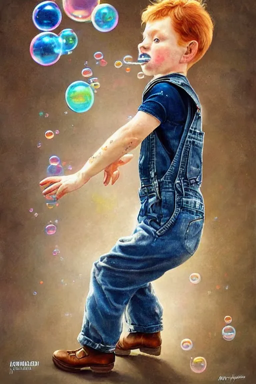 Image similar to a little boy with ginger hair wearing denim overalls chasing bubbles. clean elegant painting, beautiful detailed face, lots of bubbles. by artgerm and greg rutkowski and norman rockwell