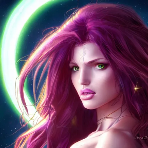 Image similar to ultra realistic illustration, bella thorne as starfire anime with glowing green eyes, intricate, elegant, highly detailed, digital painting, artstation, concept art, smooth, sharp focus, illustration, art by artgerm and greg rutkowski and alphonse mucha and wlop