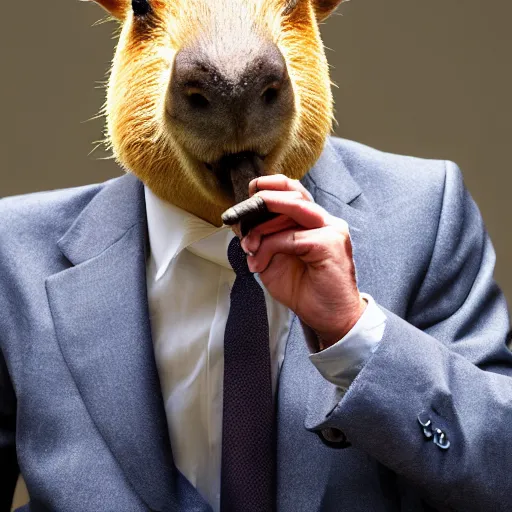 Prompt: a capybara wearing a business suit and smoking a cigar in his mouth