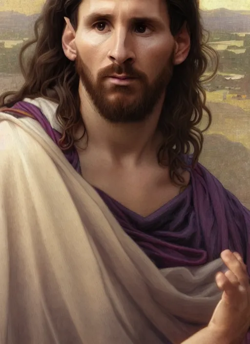 Image similar to portrait lionel messi as jesus, full length shot, shining, 8 k highly detailed, sharp focus, illustration, art by artgerm, mucha, bouguereau