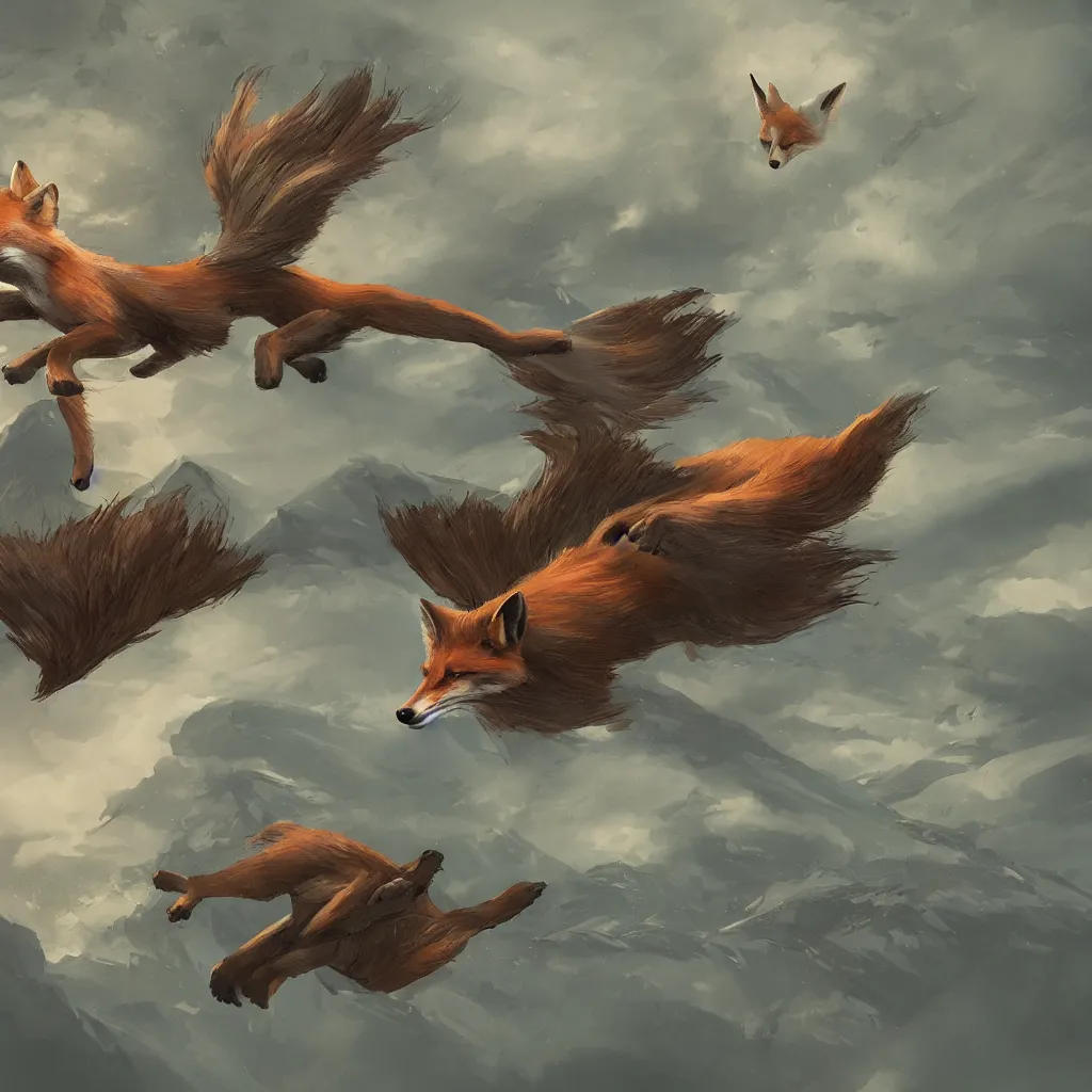 Prompt: fox flying through landscape, concept art, cinematic lighting, artstyle isaiah saxon