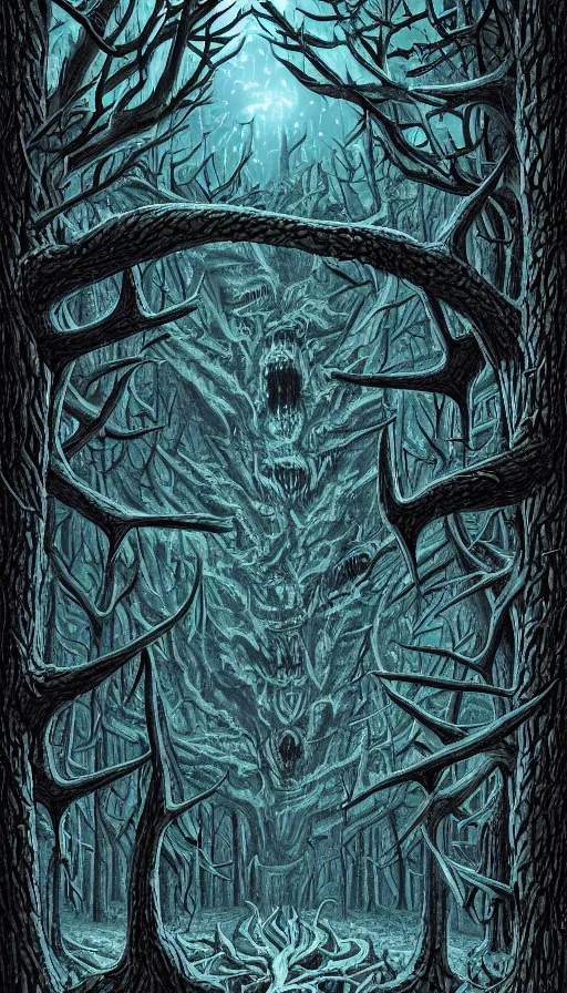 Image similar to a storm vortex made of many demonic eyes and teeth over a forest, by dan mumford