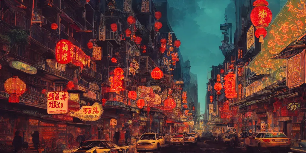 Prompt: old chinatown that never sleeps, neon lights, mythology, fairy tale, urban landscape, evening, highly detailed, low angle view, artstation, in the style of aetherpunk