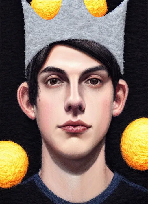 Image similar to portrait of teenage jughead jones wearing a light grey crown, photorealistic, crown made of felt fabric, crown, crown made of felt, black hair, intricate, elegant, highly detailed, digital painting, glowing lights, artstation, concept art, smooth, sharp focus, illustration, art by wlop, mars ravelo and greg rutkowski