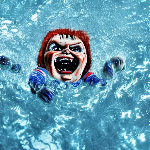 Image similar to screaming chucky doll swimming in deep blue murky water