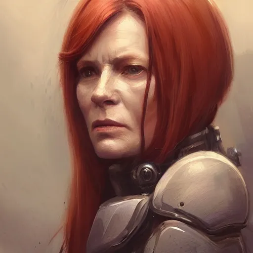 Image similar to Portrait of a woman by Greg Rutkowski, she is about 50 years old, redhead, long straight hair, beautiful oval face, wearing a futuristic tactical gear, older sister vibes, sad and resigned expression, highly detailed portrait, digital painting, artstation, concept art, smooth, sharp foccus ilustration, Artstation HQ.