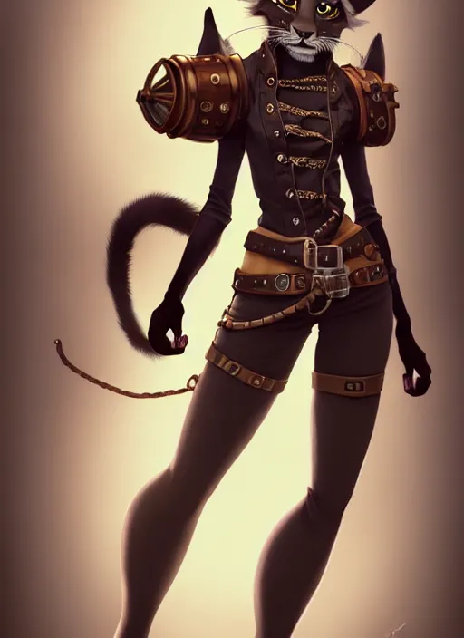 Image similar to wide angle beautiful full body portrait of a strong female anthropomorphic anthro lynx fursona wearing a steampunk leather. from behind, character design by disney, anime, manga, charlie bowater, ross tran, artgerm, and makoto shinkai, detailed, soft lighting, rendered in octane, white fur, white face, lynx facial features