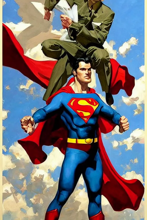 Image similar to superman vs homelander, painting by jc leyendecker!! phil hale!, angular, brush strokes, painterly, vintage, crisp