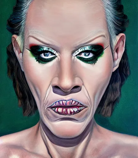 Prompt: a high quality, high detail, portrait of a drag queen by neil welliver, intense look in the eyes, moody, nostalgic