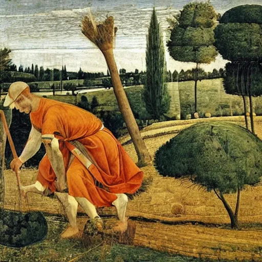 Prompt: Farmer tilling his field by Fra Filippo Lippi,