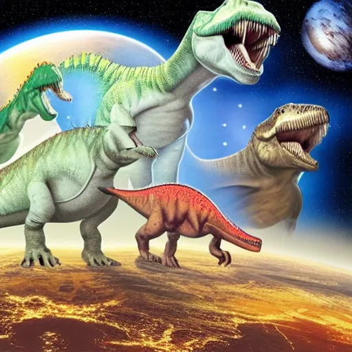 Image similar to dinosaurs living in space