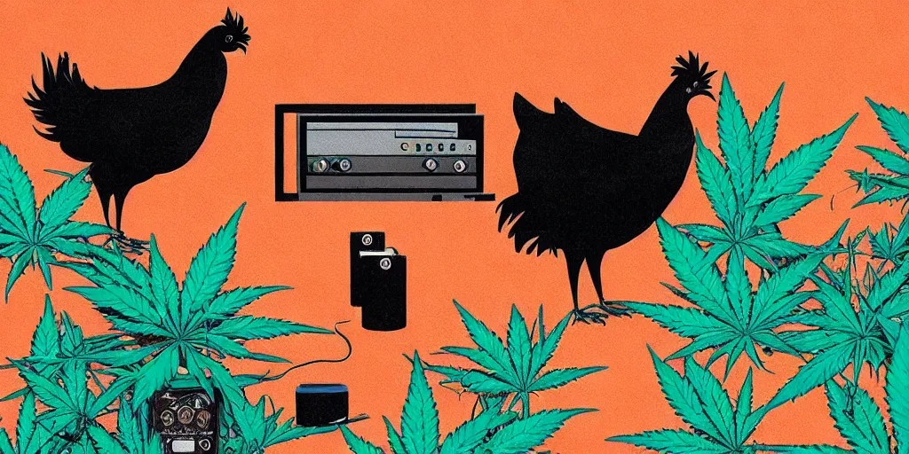 Image similar to 'black chicken'!!! smoking 'cannabis'!!!!!! in front of 'audio console'!!!! and 'multi monitors'!!!! 'in a hi-tech tv broadcasting studio'!!!!, artwork by James Gilleard