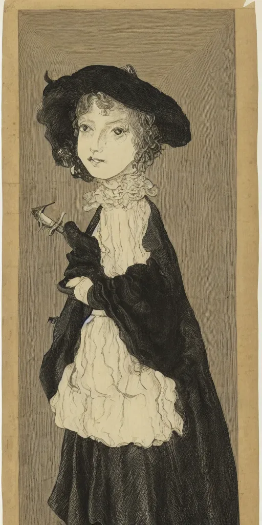 Image similar to a beautiful young girl with black curls wearing a wide-brimmed iron hat resembling a swallow's tail, dressed in a doublet and cloak