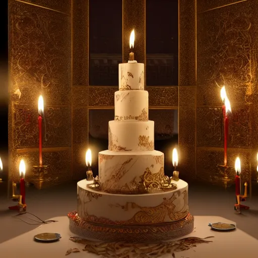 Image similar to epic view of a giant birthday cake with lit candles, cake, candles, 4 k, hyperdetailed, hyperrealistic, trending on artstation, ornate, elegant, dramatic lighting