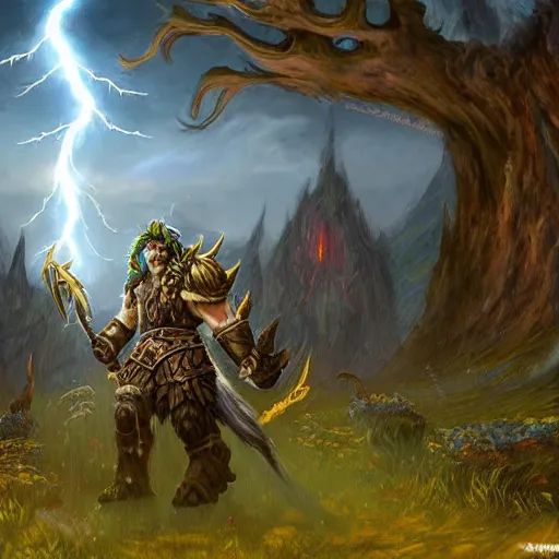 Image similar to world of warcraft, Sodlu the troll druid, landscape, lightning,