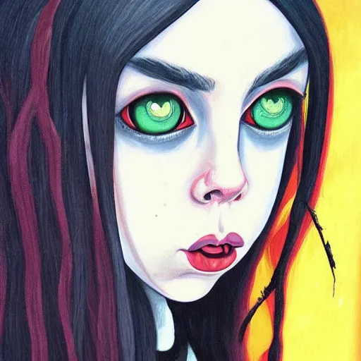 Image similar to a gothic portrait painting of billie eilish by jeremiah ketner, | demonic | horror themed