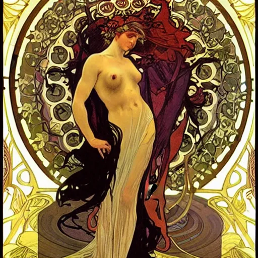 Image similar to persephone as godess of death, painted by alphonse mucha