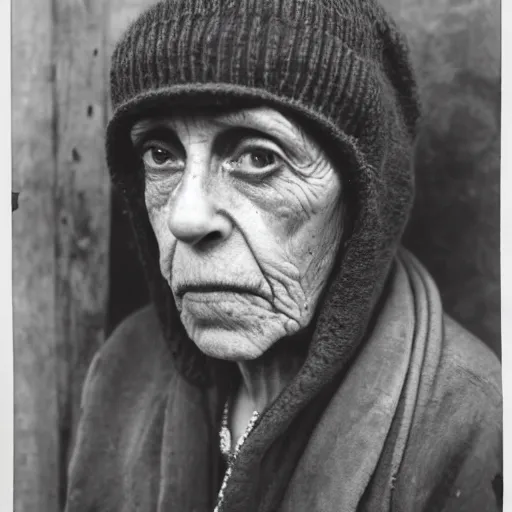 Image similar to portrait of homeless person by Diane Arbus, 50mm, black and white