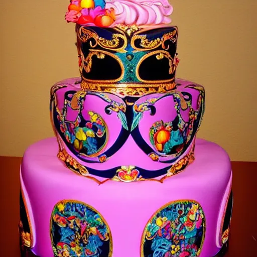 Prompt: a fancy baroque cake designed by lisa frank painted by greg hildebrandt