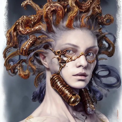 Image similar to portrait, headshot, insanely nice hair style, dramatic hair color, digital painting, of a old 17th century, old cyborg merchant, amber jewels, baroque, ornate clothing, scifi, realistic, hyperdetailed, chiaroscuro, concept art, art by Franz Hals and Jon Foster and Ayami Kojima and Amano and Karol Bak,