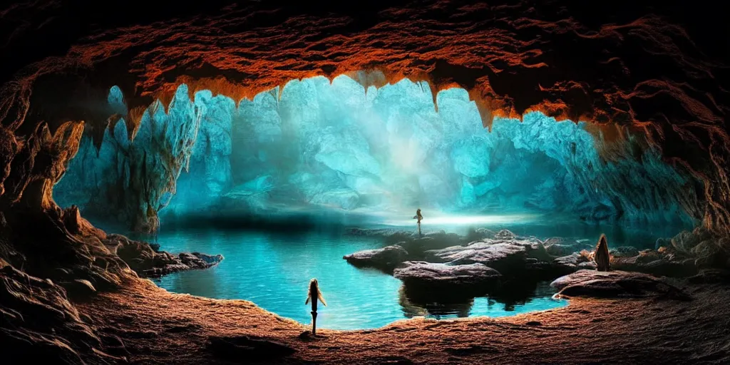 Image similar to lake in underground cave landscape. cave. cavern. fantasy magic style. highly detailed 8 k. intricate. lifelike. epic. movie poster. soft light. volumetric light. sony a 7 r iv 5 5 mm. cinematic post - processing