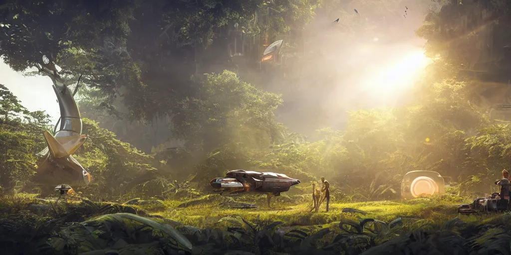 Prompt: a futuristic rusty old spaceship, on a landing pad, surrounded by a lush jungle, in the foreground two explorers are having a conversation, golden hour, sun beams, volumetric light, hyperdetailed, artstation, cgsociety, 8k