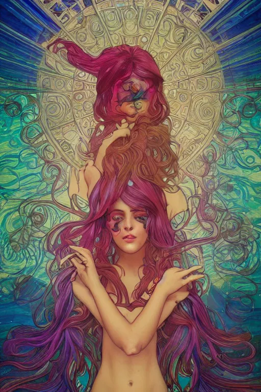 Image similar to a beautiful psychedelic mermaid, symmetrical features, cinematic lighting, soft bokeh, fantasy, modern, colourful, highly detailed, digital painting, artstation, deviantart, concept art, sharp focus, illustration, by alphonse mucha