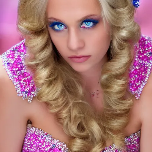 Prompt: close up headshot of a princess with long blonde hair and blue eyes wearing a strapless elaborately beaded pink dress, high resolution film still, 8k, HDR color, film by Simon Langton and David Frankel, gazing eyes, narrow V-shaped chin