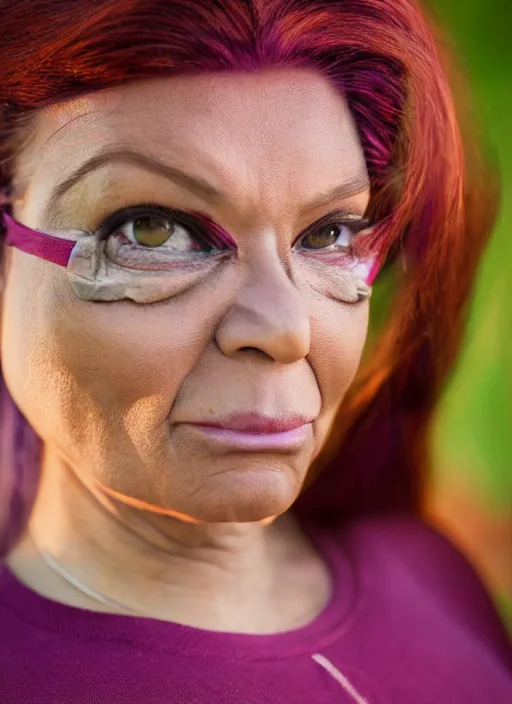 Image similar to portrait photo still of real life futurama character leela, 8 k, 8 5 mm f 1. 8