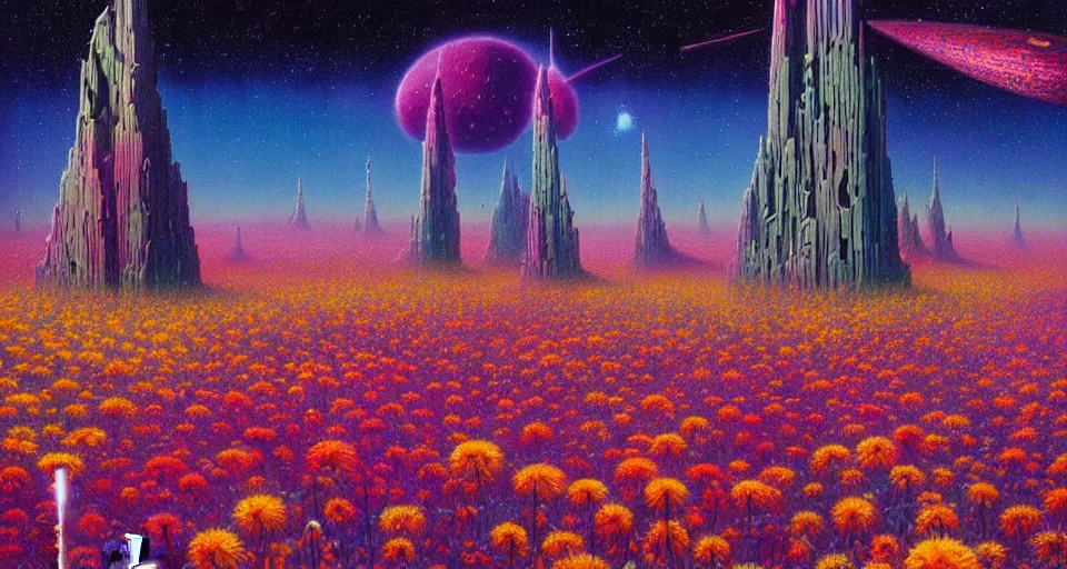 Image similar to a beautiful up close view of a 3 d mystical alien shrine in a field of multicolored colored flowers, underneath a star filled night sky, harold newton, zdzislaw beksinski, donato giancola, warm coloured, gigantic pillars and flowers, maschinen krieger, beeple, star trek, star wars, ilm, atmospheric perspective