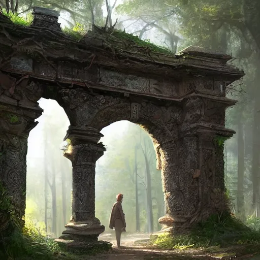 Image similar to concept art painting of an ornate ancient stone archway, in the woods, deep forest, realistic, detailed, cel shaded, in the style of makoto shinkai and greg rutkowski and james gurney