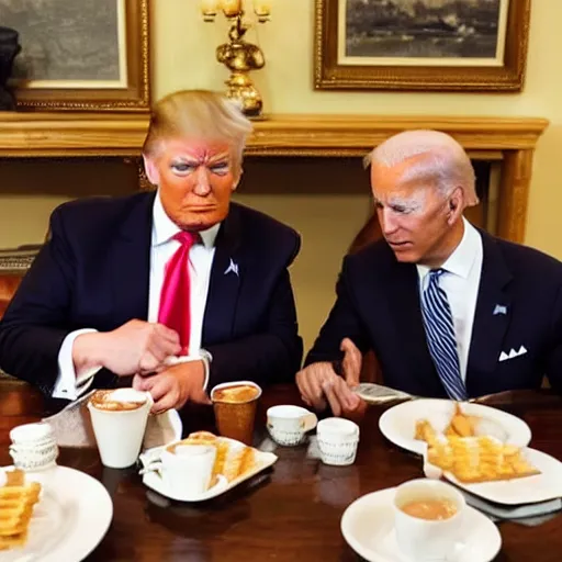 Image similar to photograph of trump and Biden sitting and eating breakfast at a Wafflehouse