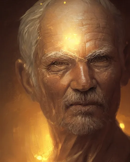 Image similar to An old man looking in a golden mirror, beautiful face, highly detailed face, close-up, fantasy art, male art, in the style of greg rutkowski, illustration, epic, fantasy, intricate, hyper detailed, artstation, concept art, smooth, sharp focus, ray tracing